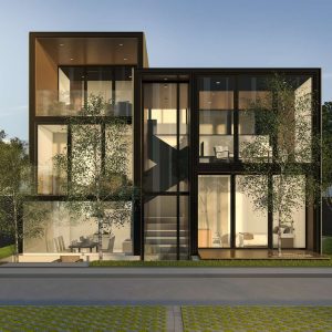 3d rendering black loft modern house in summer
